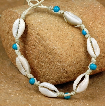 Preview: Afrika Armband - Kauri Muscheln und Blaue Perlen