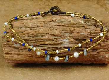 Dekorative Fußkette  mit Perle / Zuchtperle + Lapislazuli
