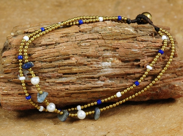 Dekorative Fußkette  mit Perle / Zuchtperle + Lapislazuli